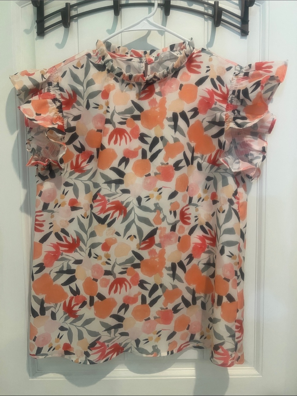 Ruffled Floral Blouse in Cream with Peach & Coral Accents